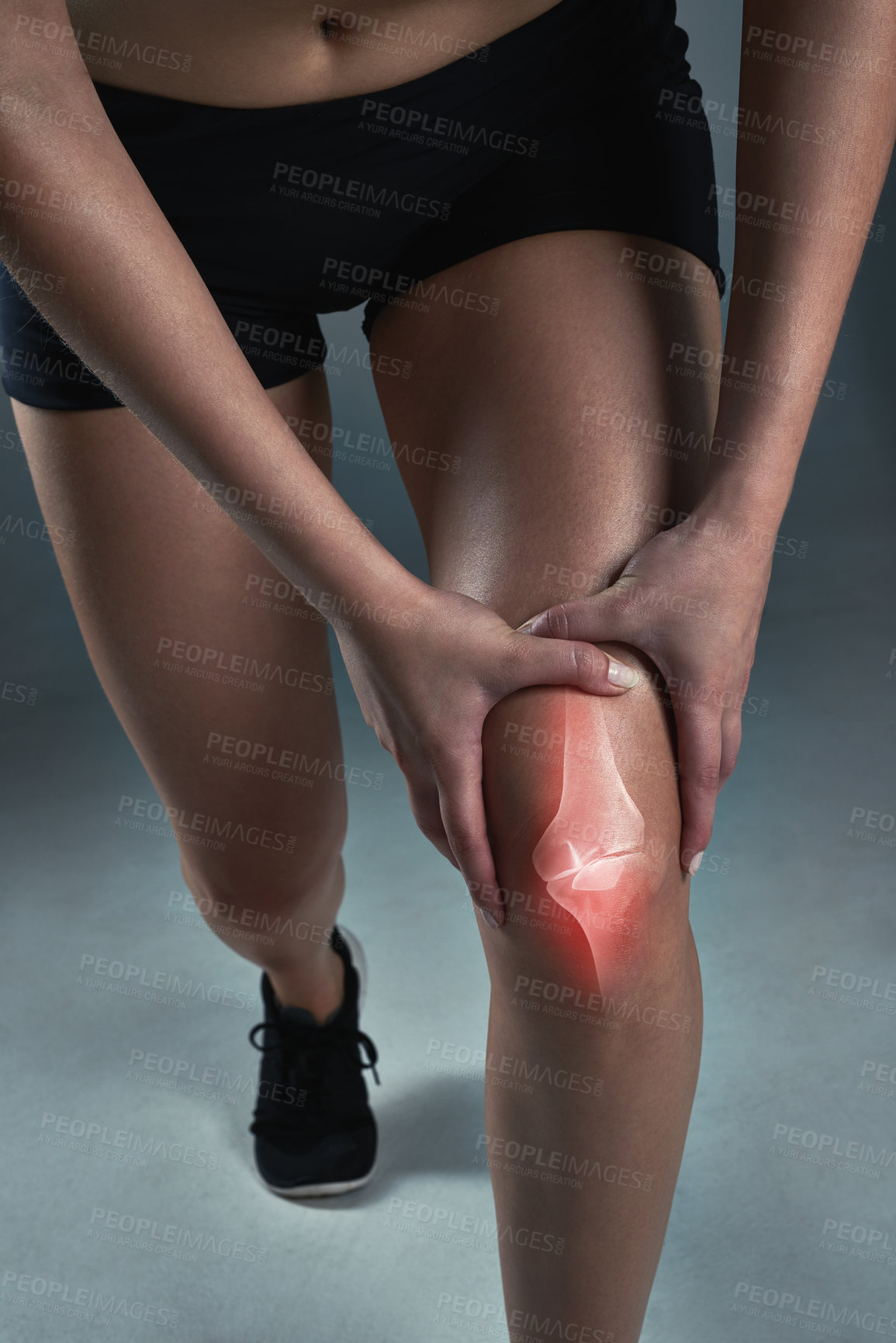 Buy stock photo Studio, woman and legs with knee pain or hurt with inflammation from exercise and workout. Female person, muscle ache and injury from fitness, self care and wellness with wellbeing for health