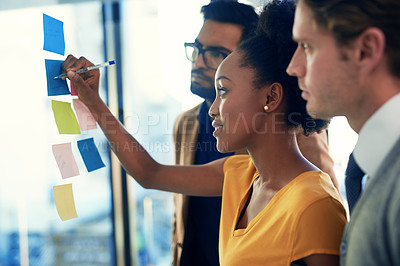 Buy stock photo African woman, sticky notes writing and team business meeting with moodboard and planning with collaboration. Company, teamwork and diversity with startup working and strategy with notes and schedule