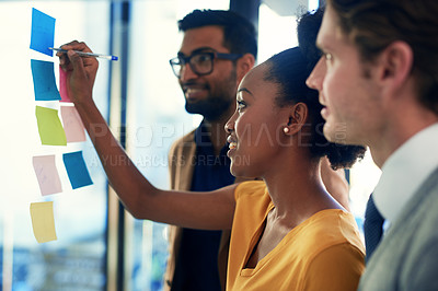 Buy stock photo African woman, moodboard writing and team business meeting with planning and brainstorming. Company collaboration, teamwork and diversity with startup working and strategy notes and schedule plan