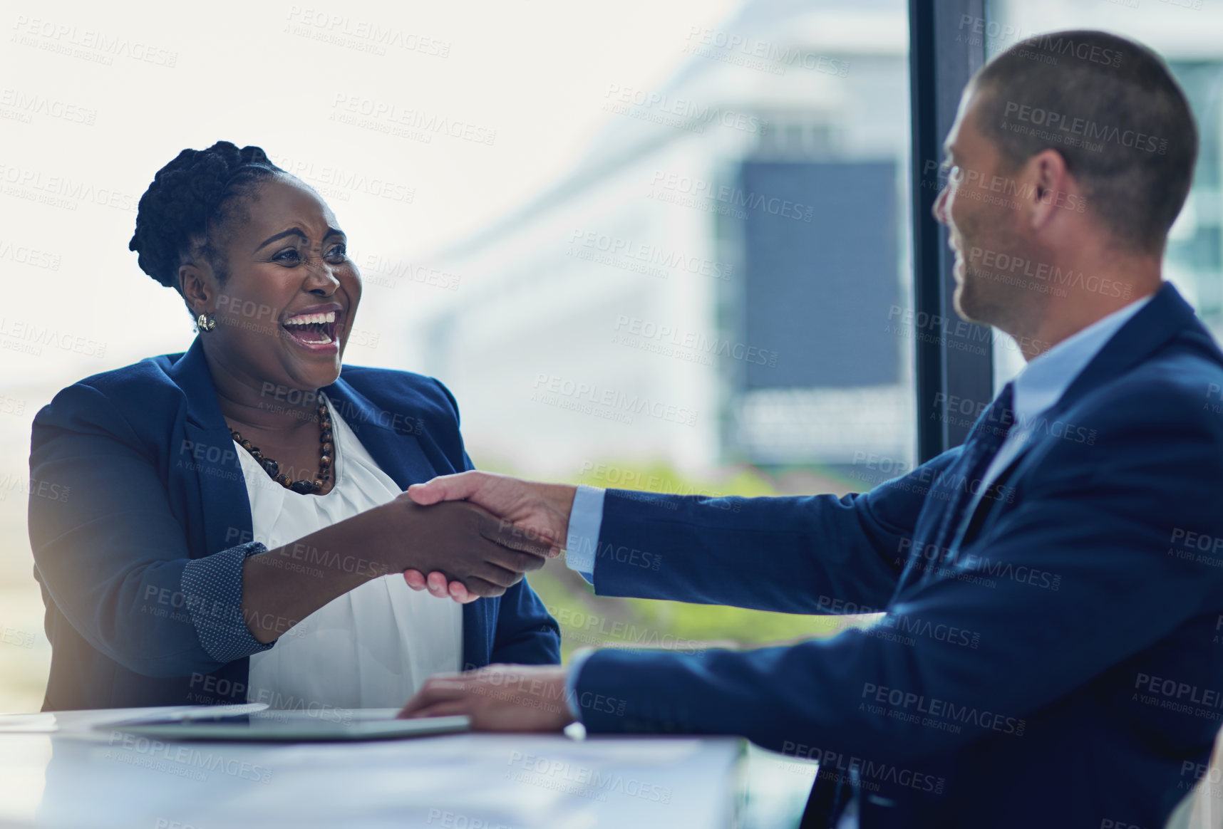 Buy stock photo Business people, handshake and excited promotion in office for onboarding congratulations, interview or contract. Man, woman and hiring deal for company welcome or recruitment, happy or partnership