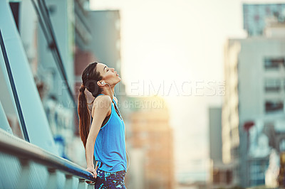 Buy stock photo Runner, exercise and woman in city, tired and exhausted with challenge, endurance and peace. Person, outdoor and athlete with fatigue, rest and wellness with progress, breathing and urban town