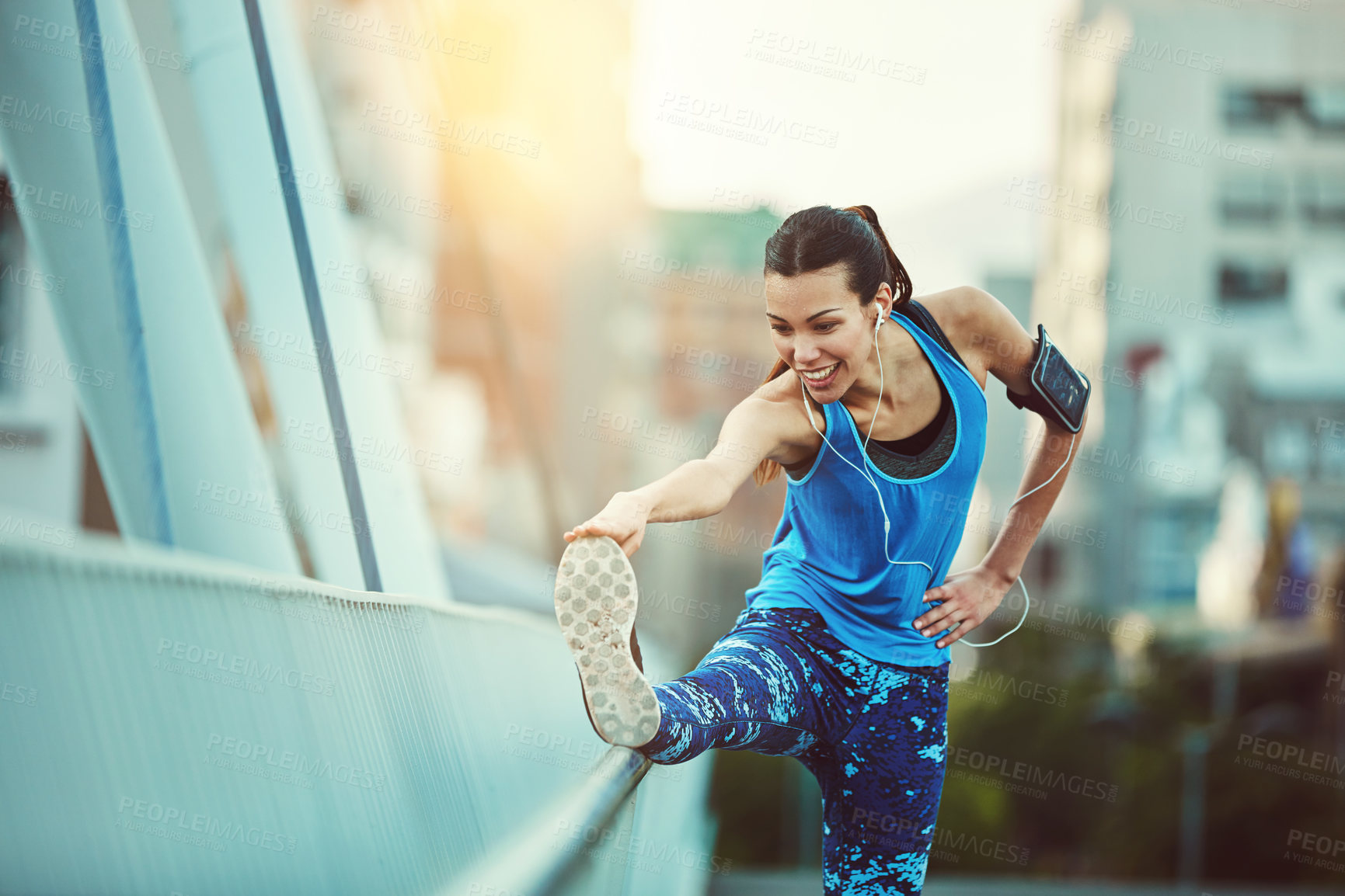 Buy stock photo Fitness, training and woman stretching in city for exercise, getting ready or workout for cardio. Runner, road and warm up with female athlete in urban town for flexibility, sports and health goals