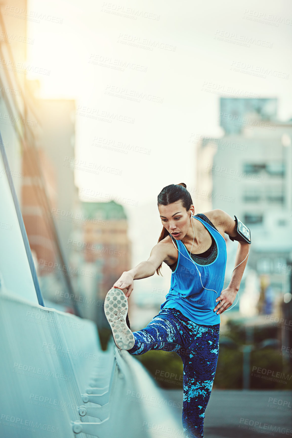 Buy stock photo Exercise, warm up and woman stretching in city for fitness, getting ready or workout for cardio. Runner, road and training with female athlete in urban town for flexibility, sports and health goals