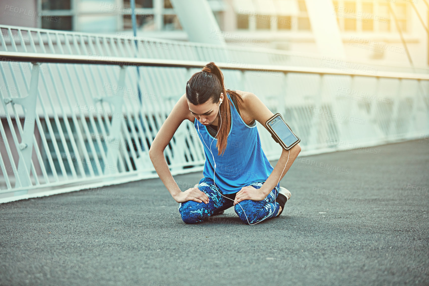 Buy stock photo Runner, exercise and woman with fatigue, city and exhausted with challenge, endurance and urban town. Person, girl and athlete with fatigue, exhausted and wellness with progress, breathing and tired