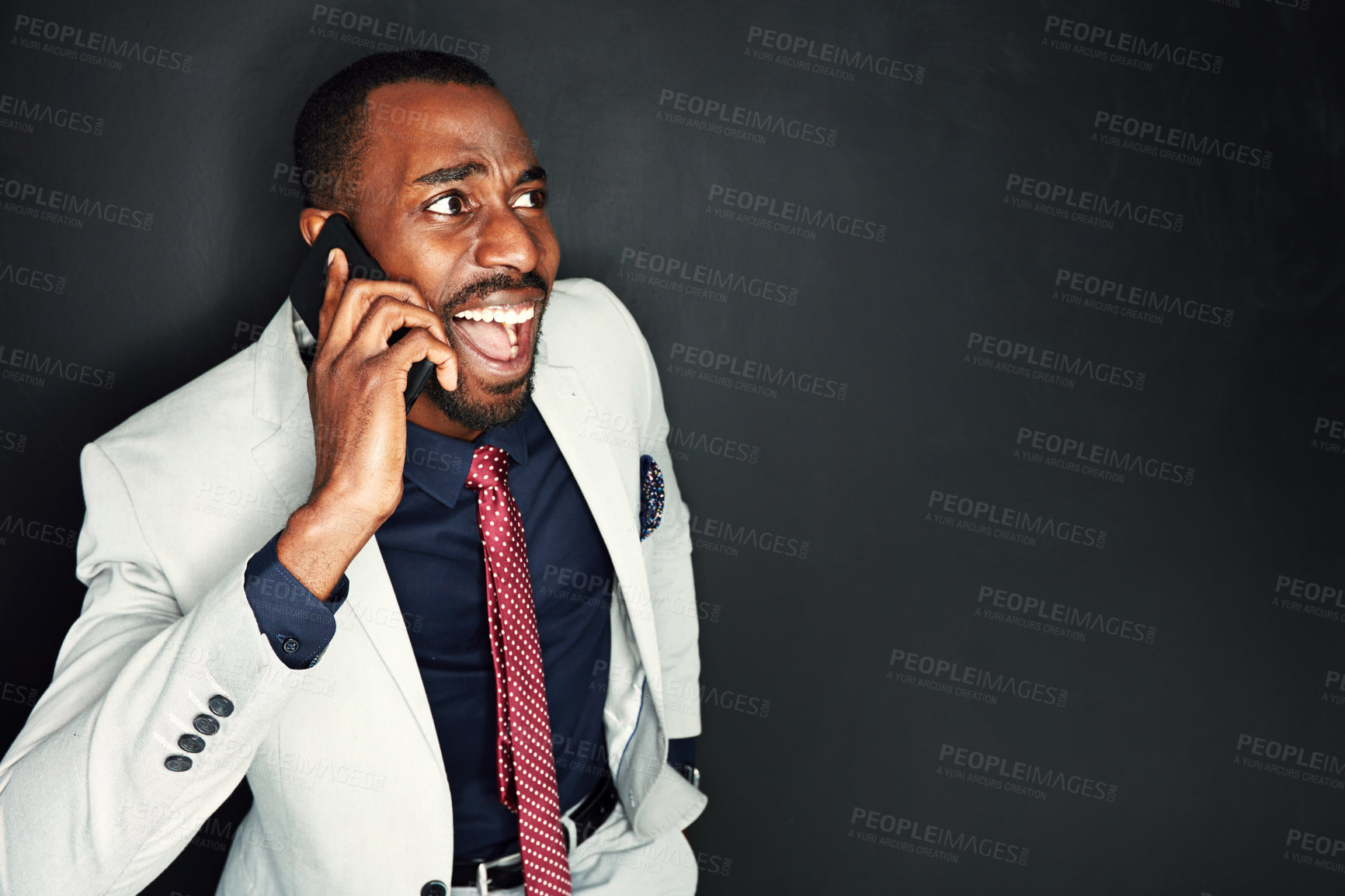 Buy stock photo Black man, lawyer and shocked with phone call in studio on dark background with court case for client. Mockup, business and surprised with communication, networking and conversation for news update