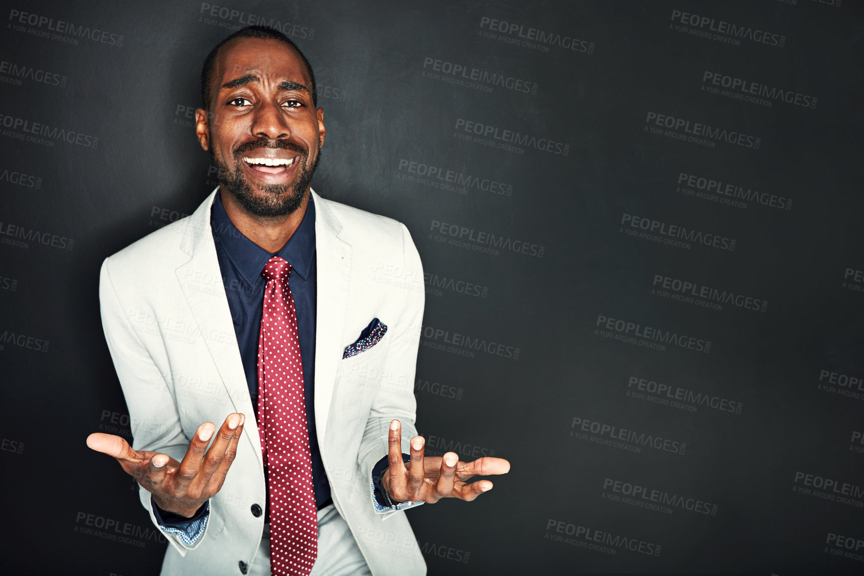 Buy stock photo Portrait, black man and confused as lawyer in studio on dark background regret, unsure and disappointed. Mockup, advocate and worried with law firm, company and please with begging, lose and fail