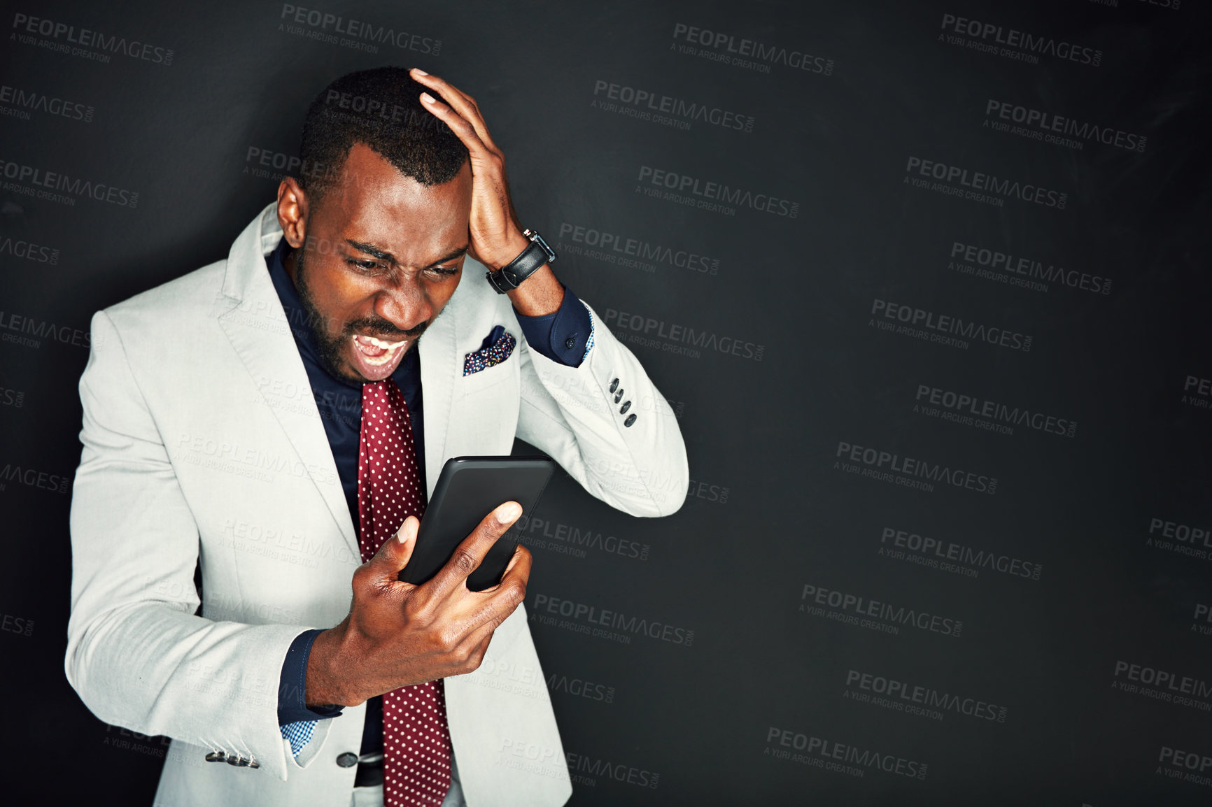 Buy stock photo Angry, businessman and shocked by news with phone scam or fraud on studio background or mockup. Phishing, crisis and black man frustrated by surprise alert, announcement or crypto stocks disaster