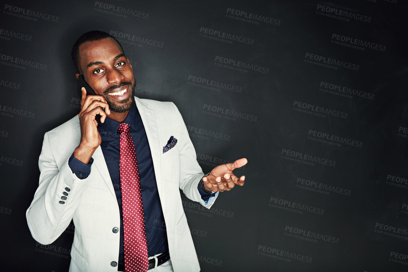 Buy stock photo Business, black man and smile on phone call in studio on dark background with connection, networking and conversation. Portrait, corporate and happy with good news for promotion or career growth