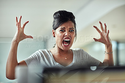 Buy stock photo Stress, screaming and angry business woman in office with anxiety, problem and internet crisis. Frustrated, shouting and female person annoyed with glitch, delay or online problem, 404 and disaster  