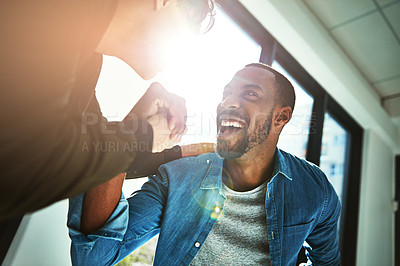 Buy stock photo Business, men and employees with a startup success, victory or happiness in the workplace. Male consultants, professionals or entrepreneurs with handshake, winning or opportunity with positive review