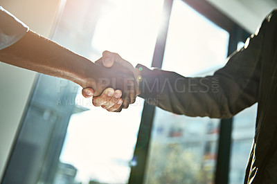 Buy stock photo Partners, handshake and teamwork for hire in office, cooperation and contract deal or partnership. Business people, onboarding and thank you gesture for support, agreement and solidarity or hands