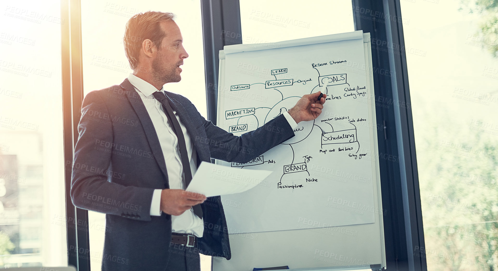 Buy stock photo Planning, report or businessman by whiteboard for presentation, education or staff training. Pointing, meeting or financial manager with mind map for coaching, finance workshop or skills development