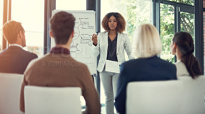 Buy stock photo Cropped shot of a businesswoman giving a presentation to her colleagues in the boardroom