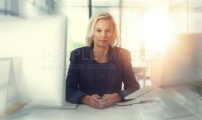 Buy stock photo Portrait of a professional businesswoman working at her desk in a modern office