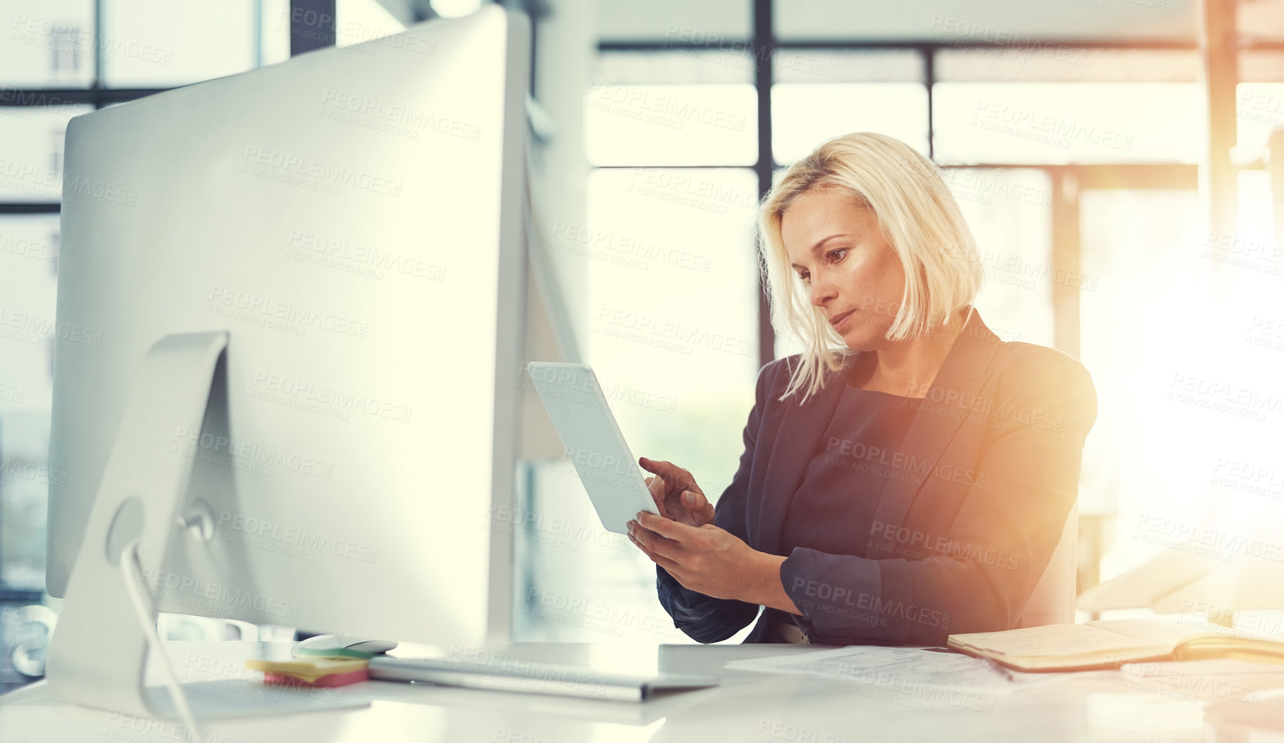 Buy stock photo Shot of a businesswoman using a digital tablet at work