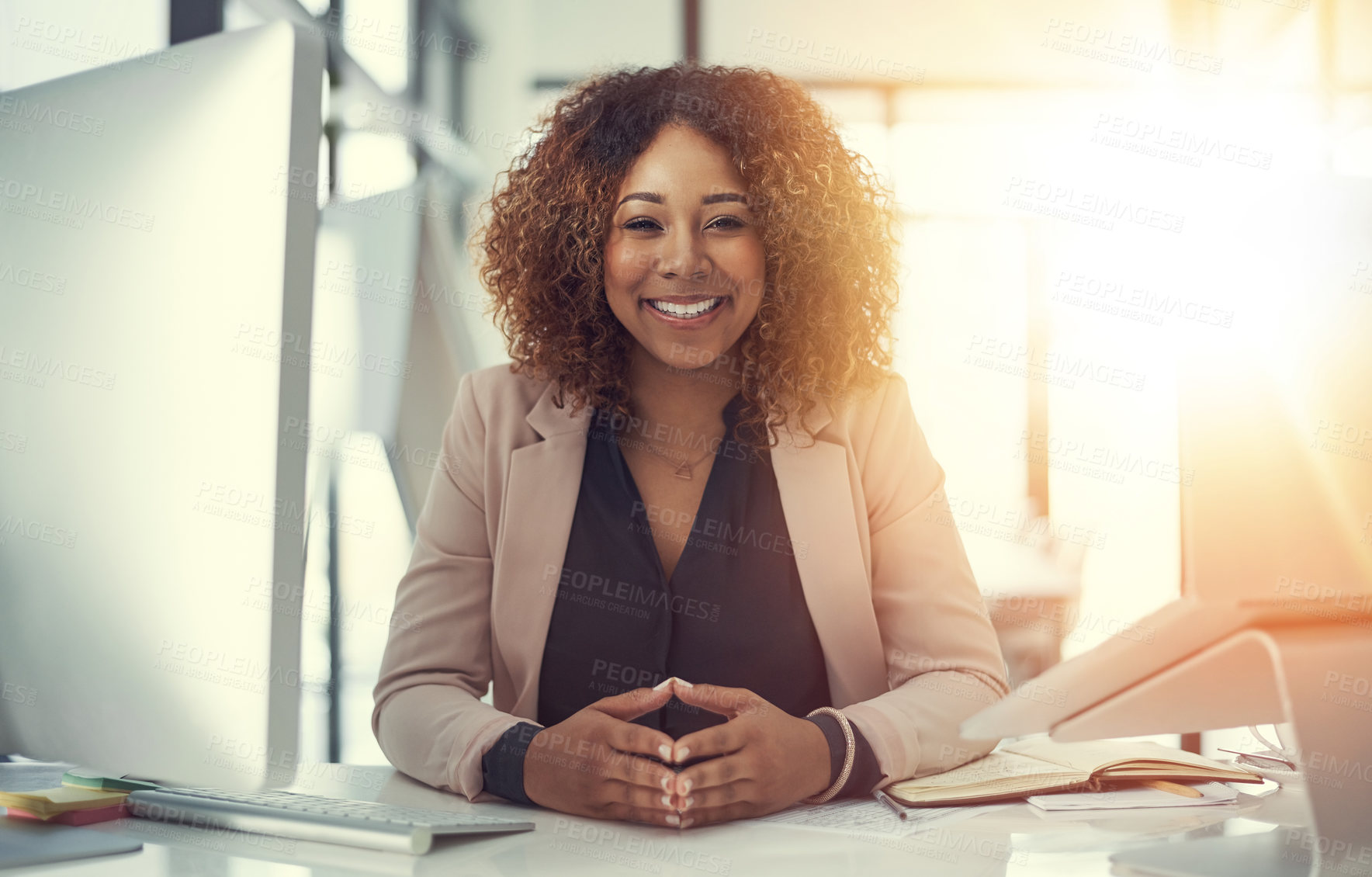 Buy stock photo Portrait, happy and business woman in office for online report, credit portfolio and loan application. Bank policy, planning and feedback with African employee in finance firm with lens flare