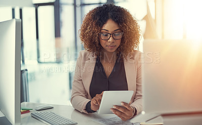 Buy stock photo Real estate website, tablet or businesswoman in office for research, online opportunity or listing services. Lens flare, agent or realtor on housing blog to check on apartment, post or property ads