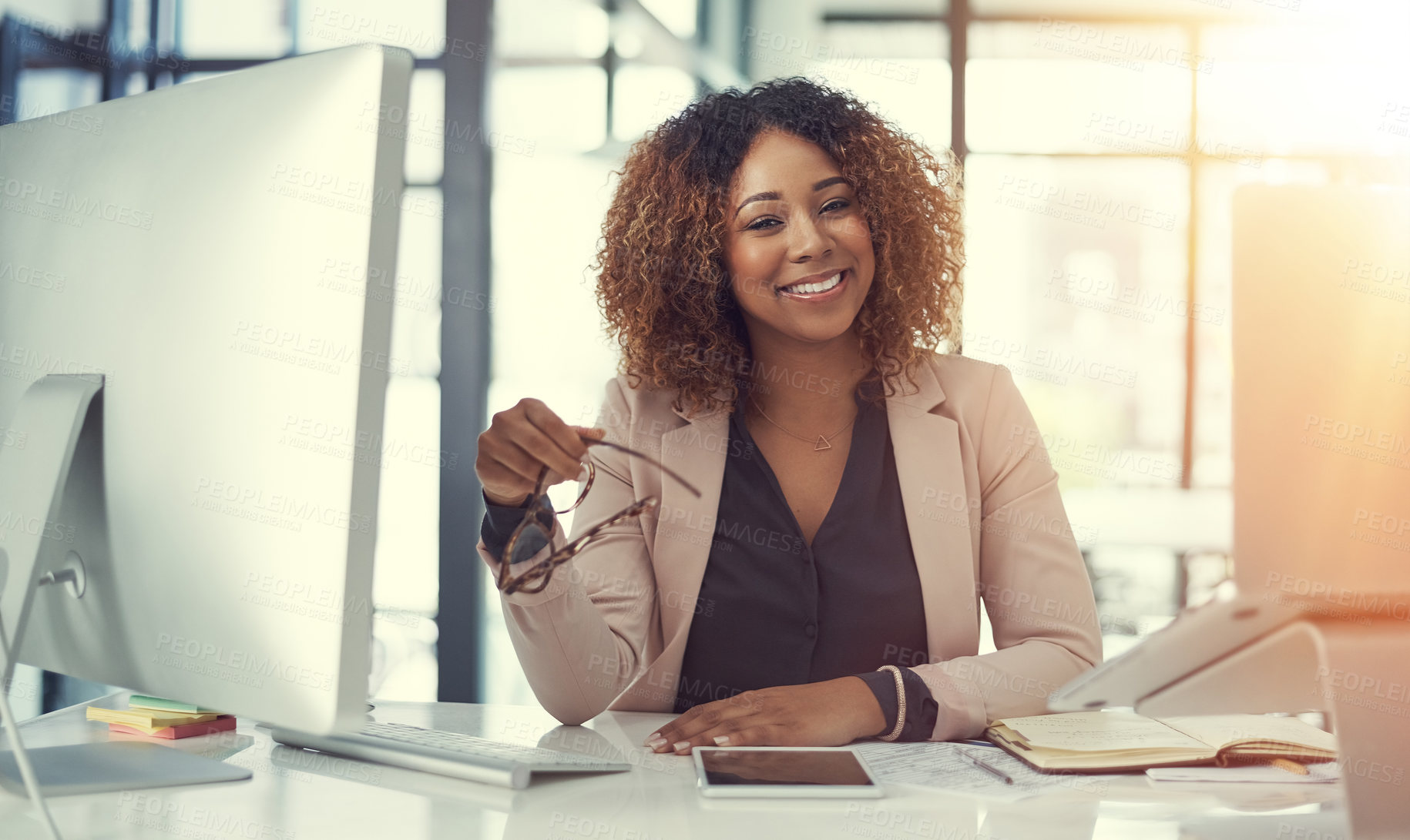 Buy stock photo Happy, portrait and business woman with computer or glasses for job, career or intuition at office. Female person, accountant or employee with smile for corporate insight or development at workplace