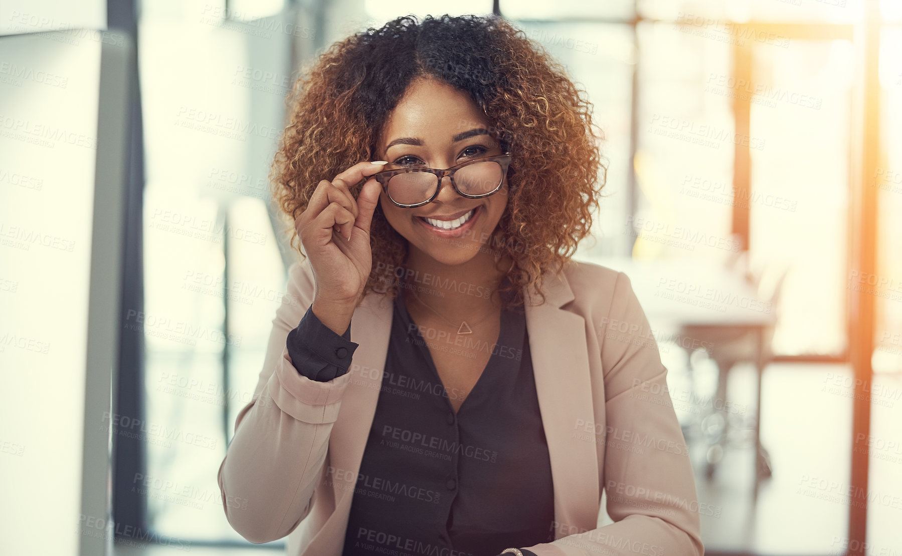 Buy stock photo Portrait, optometry and happy woman with glasses for vision, health or wellness in clinic. Face, smile and African customer with eyewear, prescription lens or adjust spectacles for eye care in Kenya