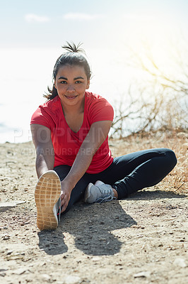Buy stock photo Full length portrait of an attractive young woman warming up before a workout