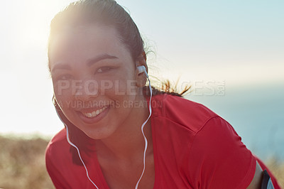 Buy stock photo Cropped portrait of an attractive young woman out for a morning run