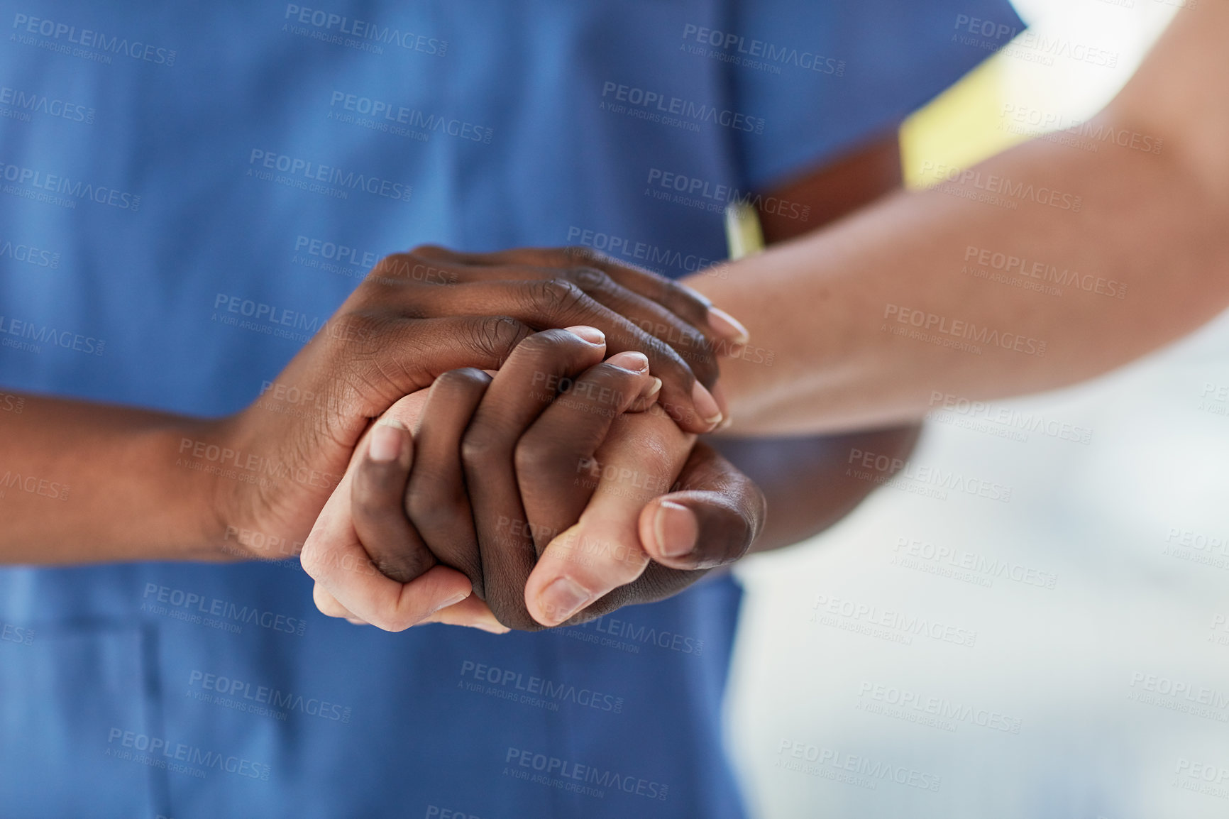 Buy stock photo Hands, patient and nurse for healthcare in a hospital for support, trust and care. Medical doctor, caregiver or therapist helping and talking to person for hope, communication and empathy or comfort