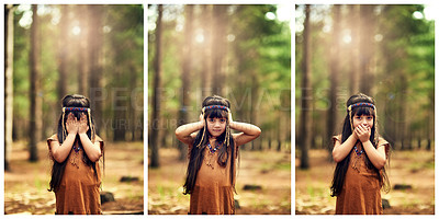 Buy stock photo Composite shot of a little girl covering her eyes, ears and mouth while playing dressup in the woods