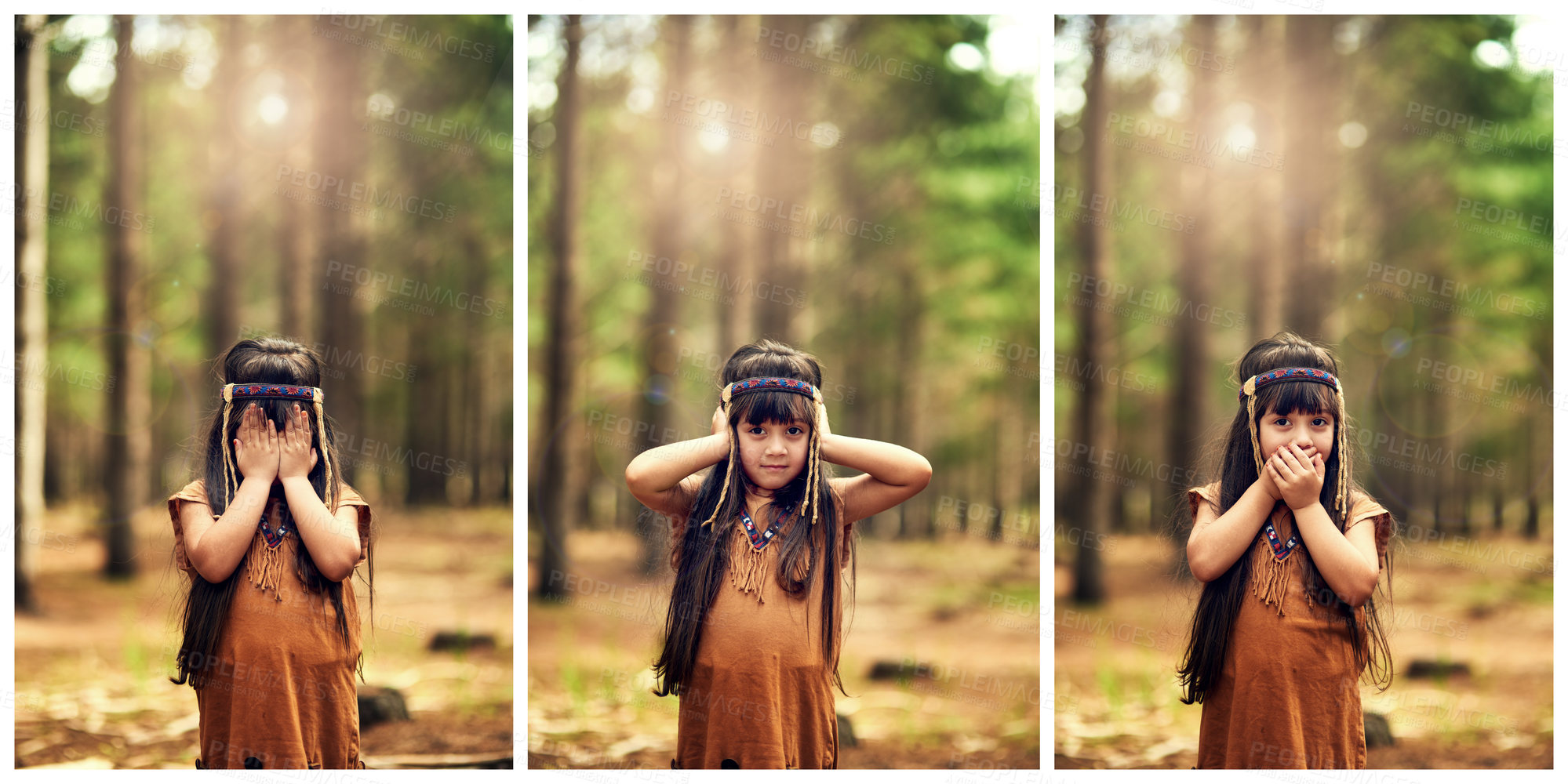 Buy stock photo Composite shot of a little girl covering her eyes, ears and mouth while playing dressup in the woods