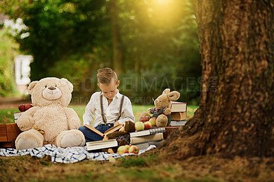 Buy stock photo Shot of a little boy reading to his toys while out in the woods