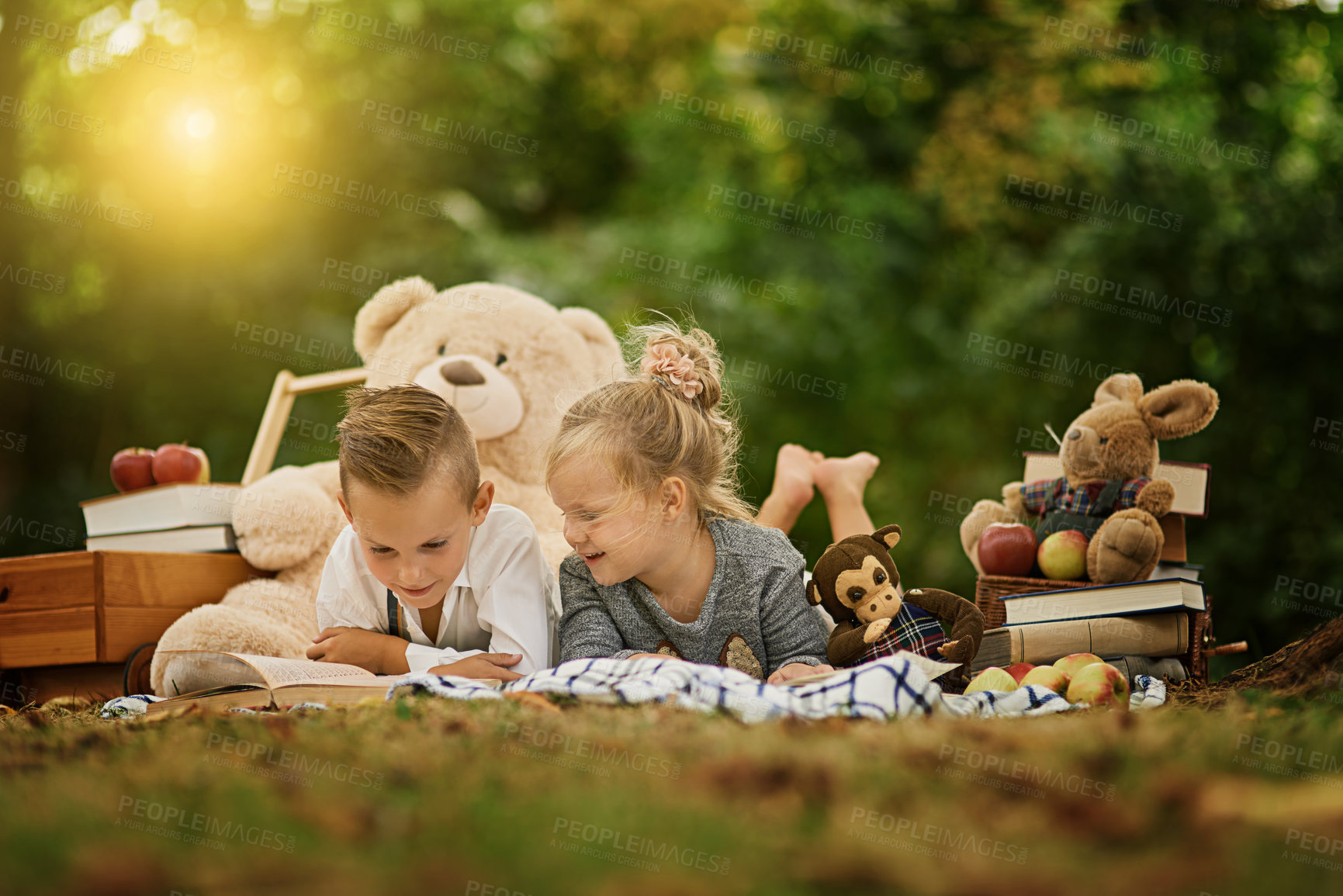 Buy stock photo Girl, boy and children with reading book at picnic, learning and relax with toys, fairytale and education on blanket. Kids, siblings or family with language, fantasy or literature with dolls on lawn