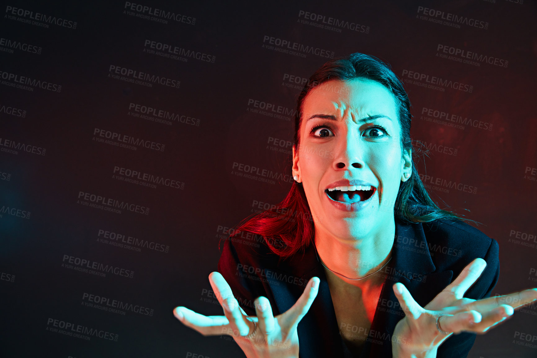 Buy stock photo Portrait, business and woman with stress, screaming and bankruptcy announcement on studio background. Space, person and employee with reaction, desperate and shouting with anger, neon and frustrated