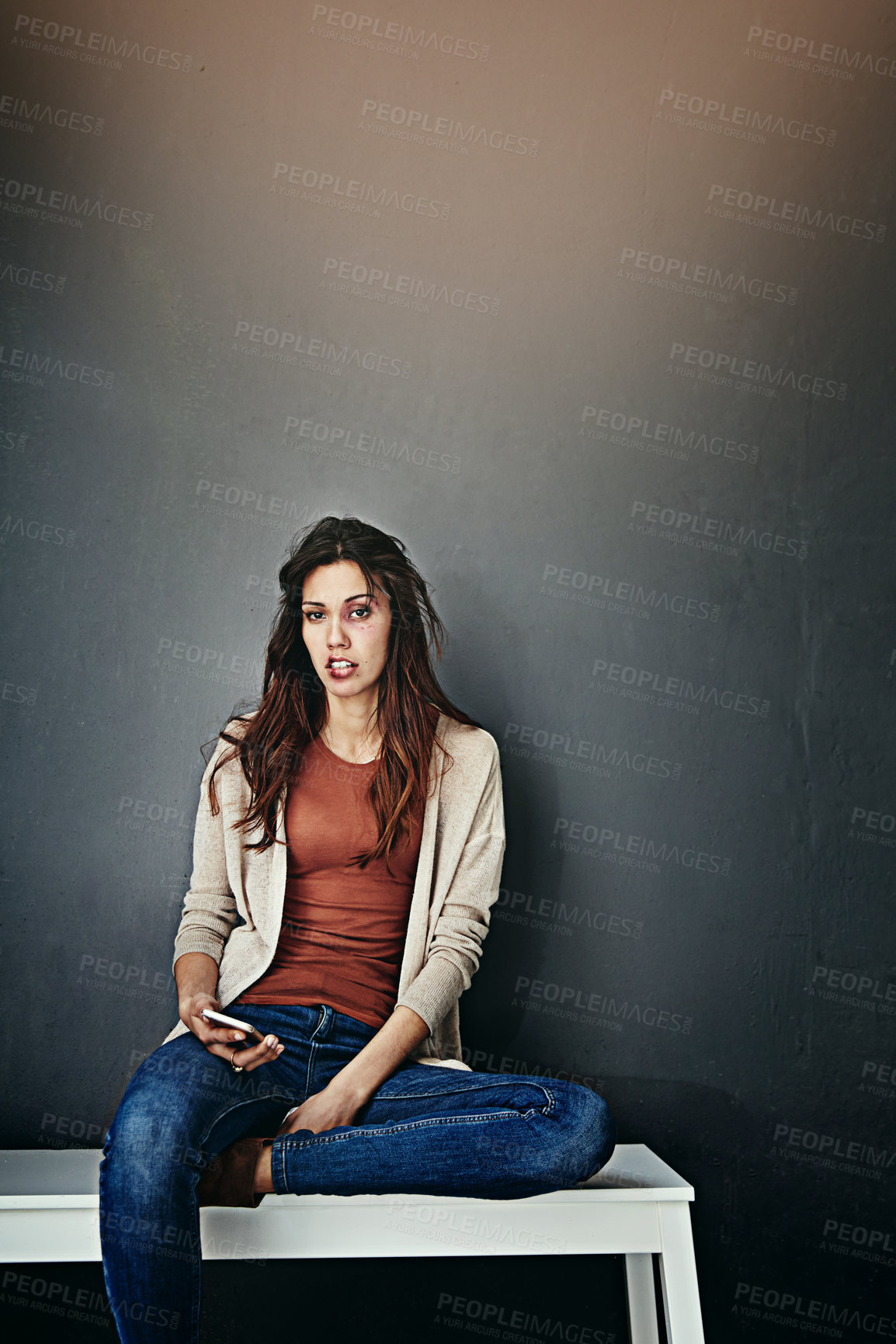 Buy stock photo Cropped portrait of a beaten and bruised young woman