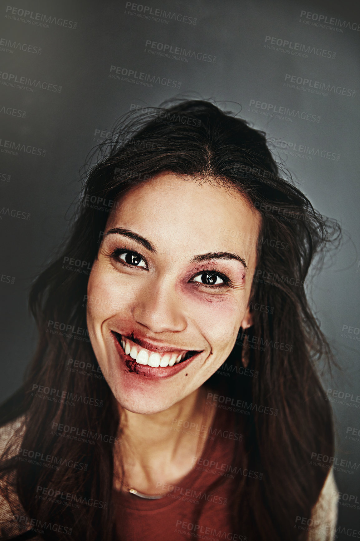 Buy stock photo Cropped portrait of a beaten and bruised young woman