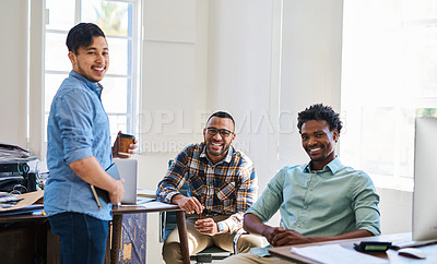 Buy stock photo Portrait of a team of young entrepreneurs having a discussion in a modern office