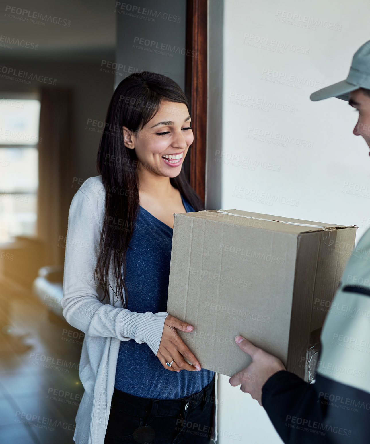 Buy stock photo Home, delivery and customer with package from courier, service and transport to front door. Happy, woman and trust supply chain distribution of product, box or online shopping with safe shipping