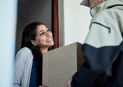 Buy stock photo Customer, woman and courier with a box, delivery or happiness with shipping, supply chain or distribution. Female person, client or employee with package, parcel or receive order with smile and home 