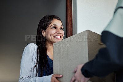 Buy stock photo Happy, woman and courier with a package, delivery and distribution with a box, supply chain and ecommerce. Female person, customer and client with employee, worker and shipping with parcel and order
