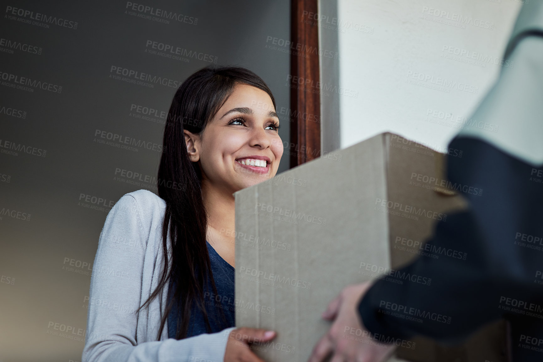 Buy stock photo Happy, woman and courier with a package, delivery and distribution with a box, supply chain and ecommerce. Female person, customer and client with employee, worker and shipping with parcel and order