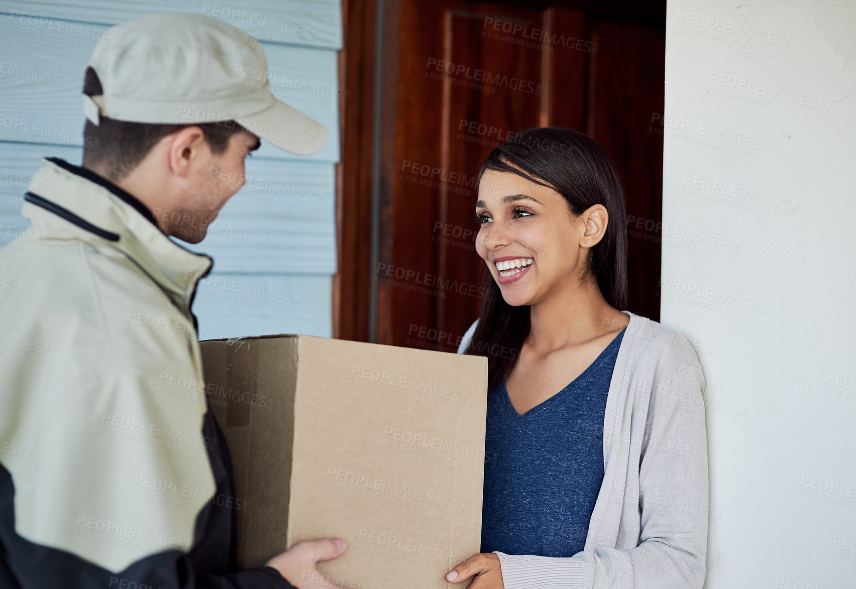 Buy stock photo Box, delivery and happy woman in home with courier, service and ecommerce transport to front door. Customer, thank you and trust distribution of product, supply chain and safe shipping of package