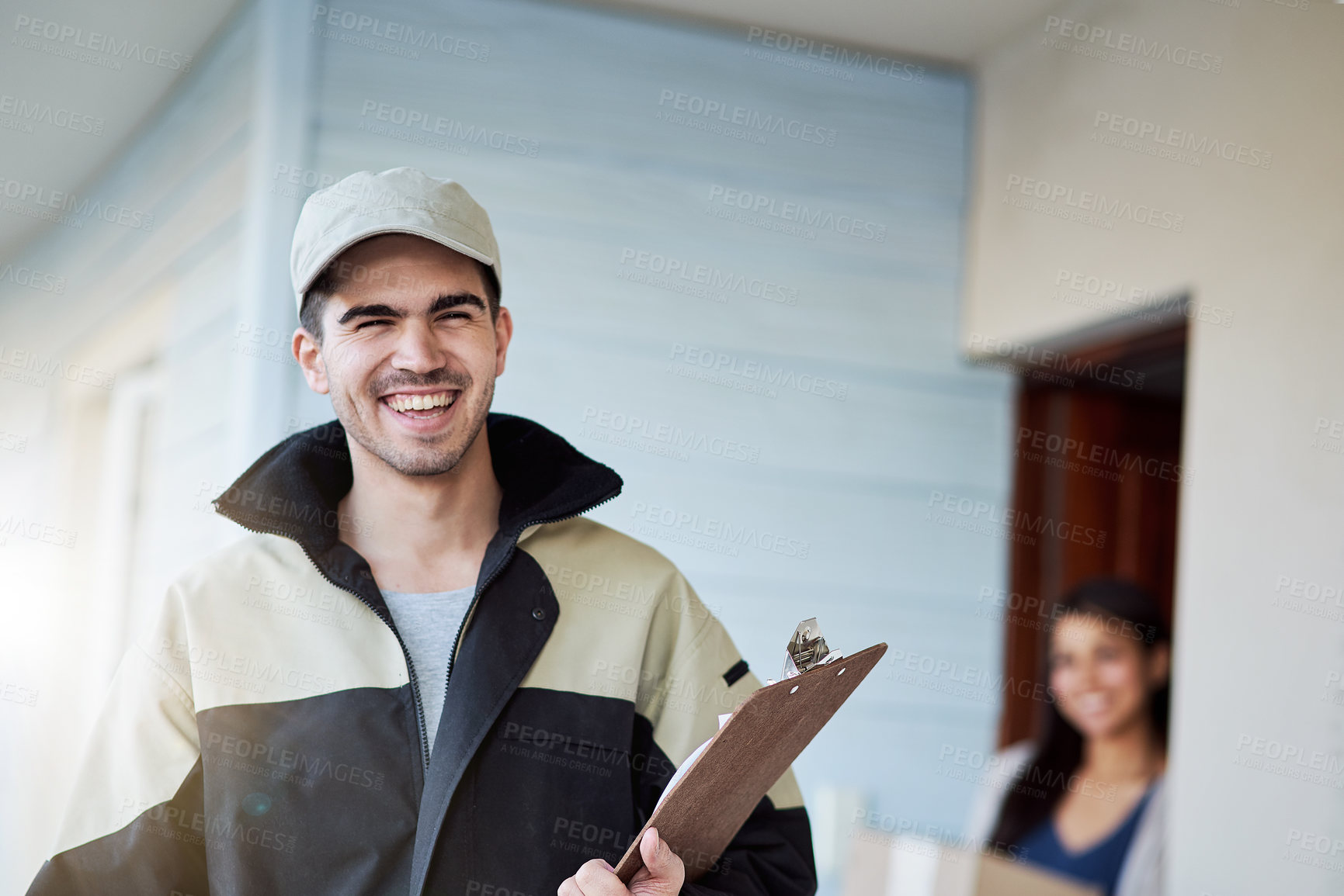 Buy stock photo Delivery, man and portrait at house with courier, service and trust logistics with inventory checklist. Invoice, receipt and worker transport package to customer in safe shipping or supply chain