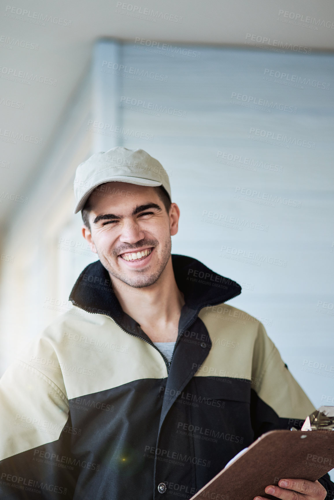 Buy stock photo Delivery, man and portrait at house with courier, service and trust logistics with stock checklist. Invoice, inventory and worker transport package to customer in safe shipping or supply chain