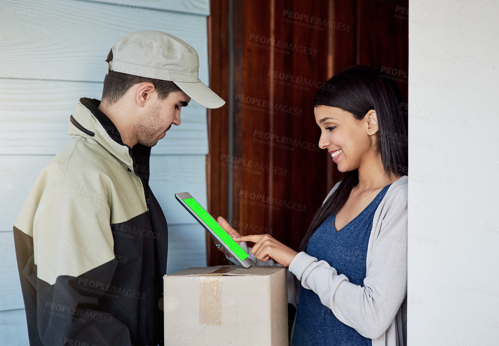 Buy stock photo Delivery, man and woman on tablet with green screen for package, signature and courier. Checklist, logistics and transport box to customer in safe shipping, mail or sign online for supply chain