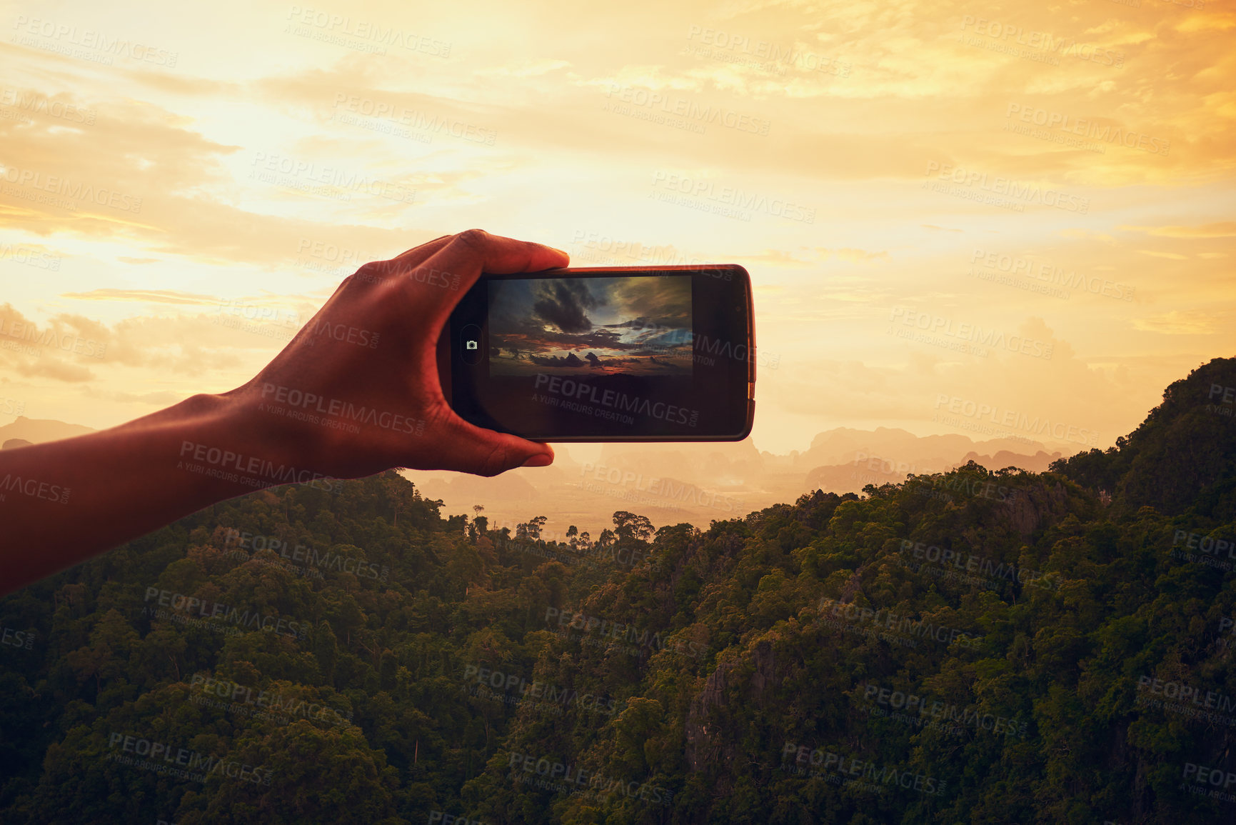 Buy stock photo Sunset, nature and hand with cellphone for picture on vacation, adventure or weekend trip in Brazil. Evening, mobile and person with phone for photography of outdoor dawn sky on holiday for travel.
