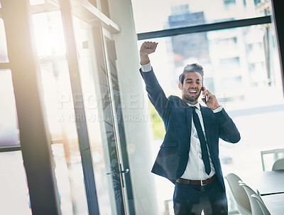 Buy stock photo Excited businessman, fist pump and winning with phone call for promotion, achievement or victory at office. Happy man or employee smile in celebration on mobile smartphone for good news at workplace