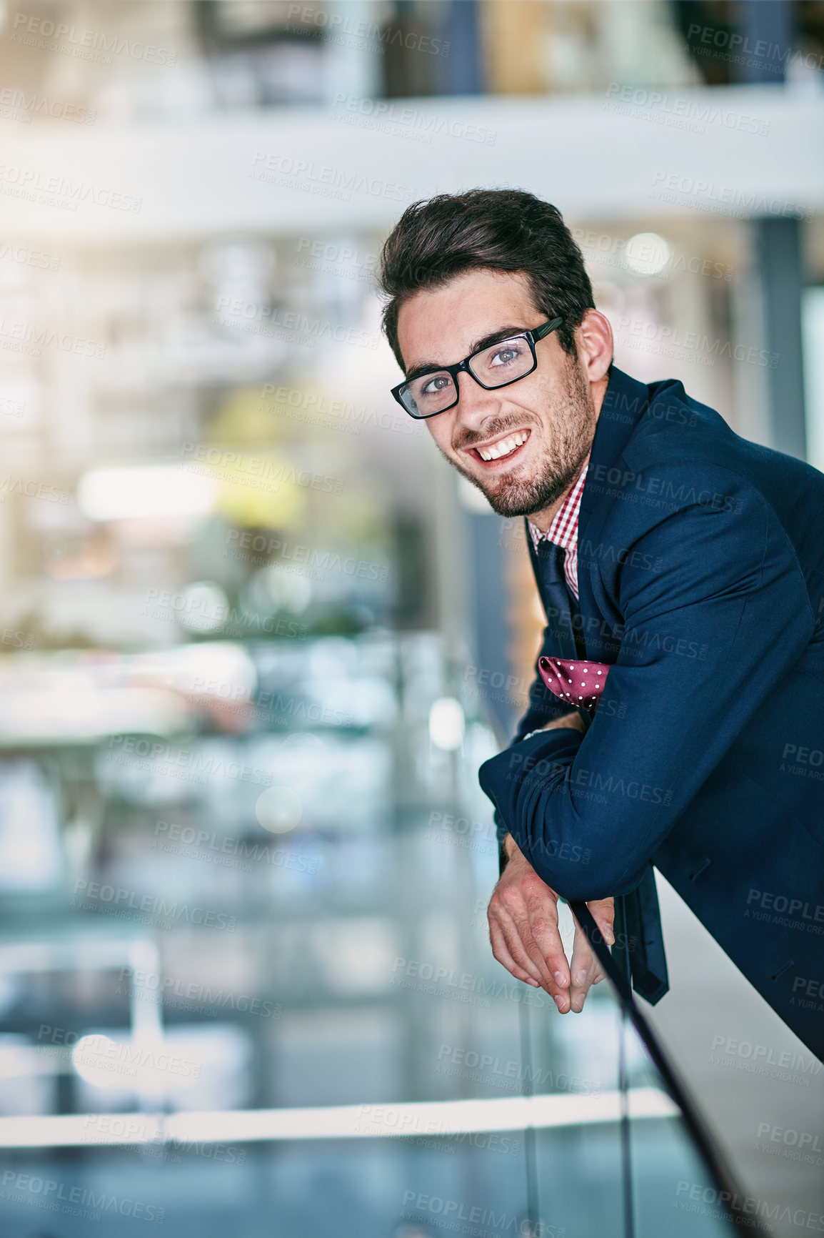 Buy stock photo Businessman, portrait and happy professional in workplace with glasses, confidence for career and mockup space. Corporate, employee and face with pride in office building for finance intern and job