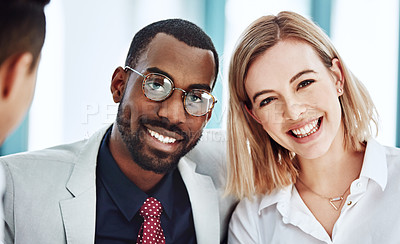 Buy stock photo Cropped portrait of a young couple meeting with their financial advisor