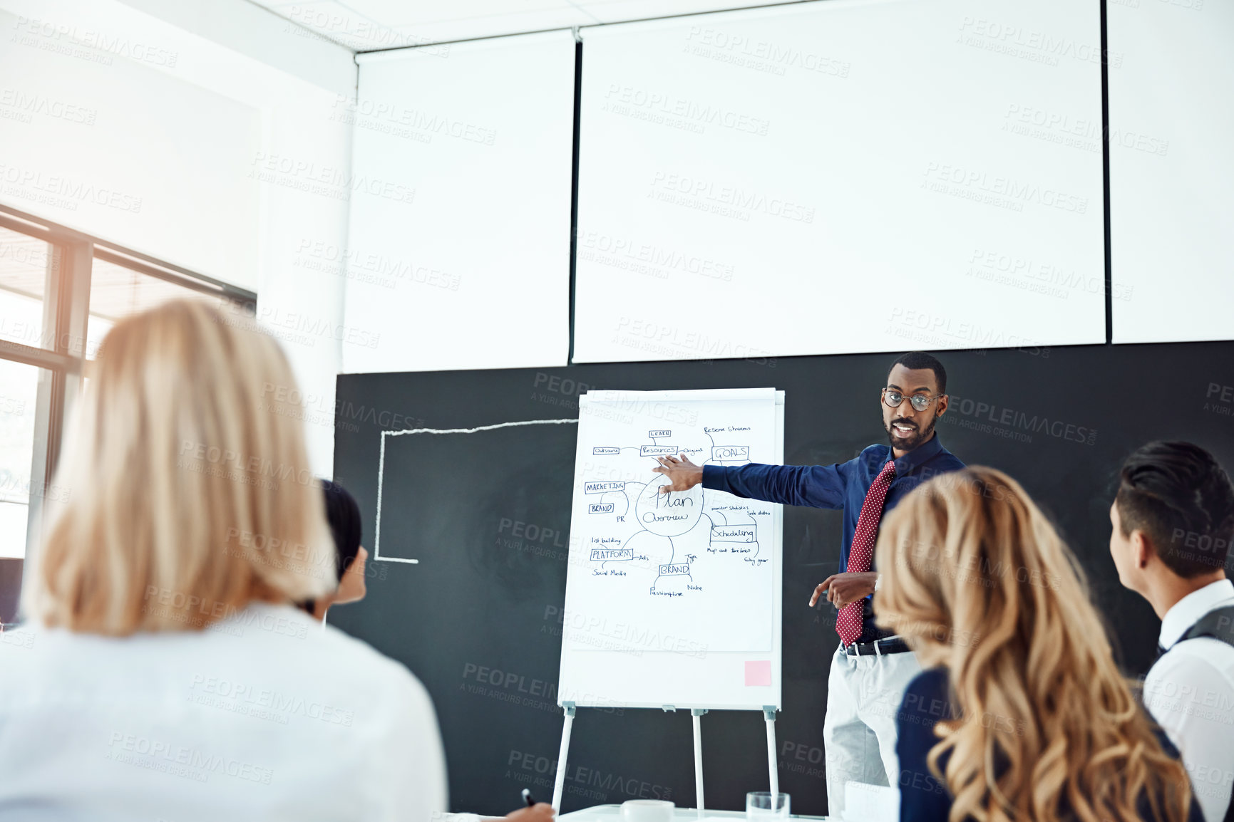 Buy stock photo Businessman, presentation or workshop with whiteboard for team, project planning or training in office. People, speaker and employee group for brainstorming, strategy or discussion in workplace