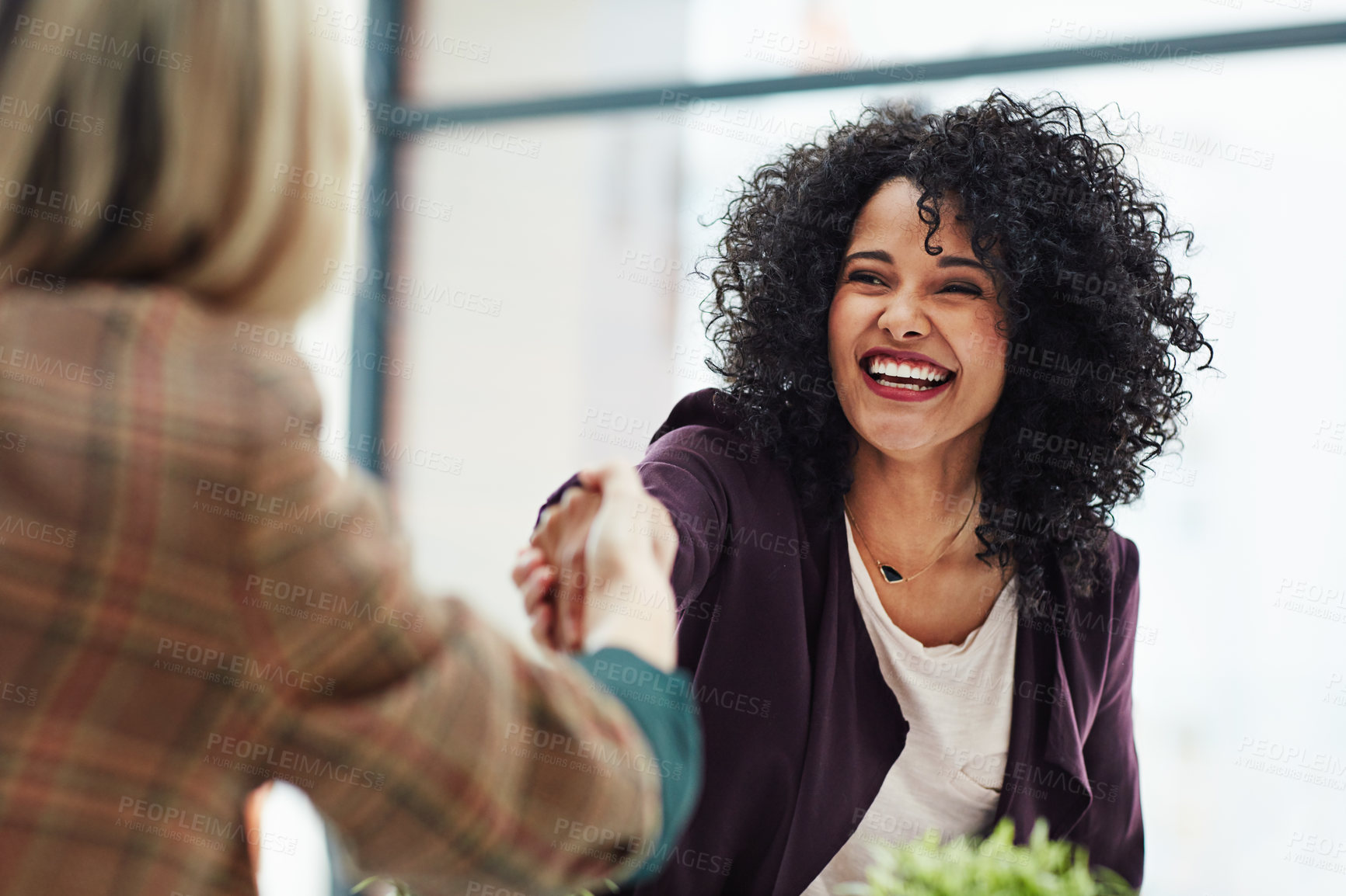 Buy stock photo Handshake with a happy, confident and excited business woman or human resources manager and a female colleague, partner or employee. An agreement, deal or meeting with a coworker in the boardroom