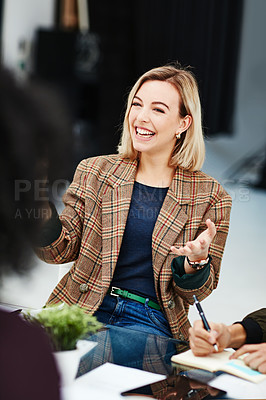 Buy stock photo Woman, talking and book for planning in meeting, office and manager for communication or proposal. Female person, conversation and professional for support in collaboration, speaking and networking