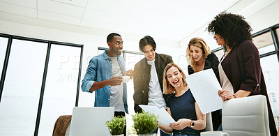 Buy stock photo Happy, creative and cheerful business people, in marketing meeting, excited with presentation. Colleagues working on advertising ideas in modern office. Group of coworkers brainstorming together 